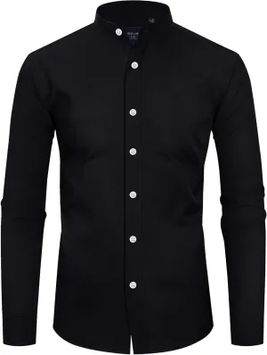 Alimens & Gentle Men's Banded Collar Dress Shirts Long Sleeve Mandarin Collar Button Down Shirt with Pocket