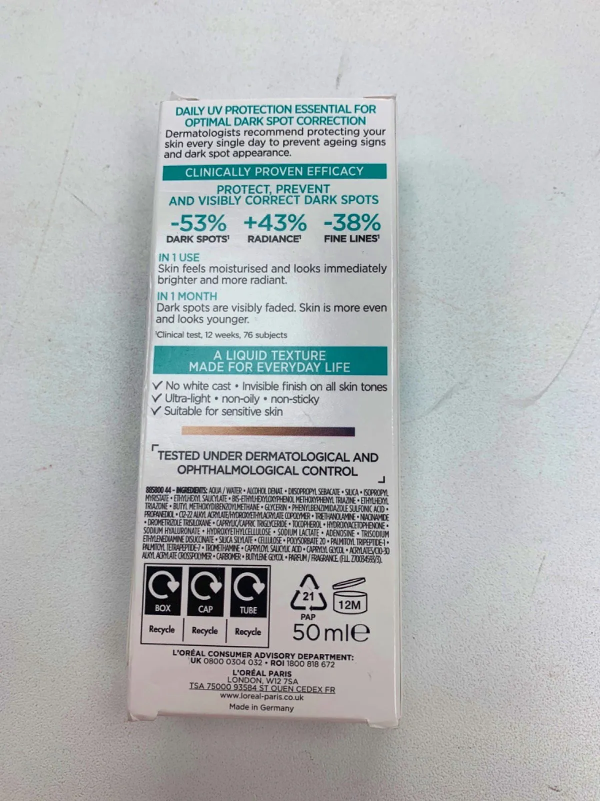 L'Oral Paris Bright Reveal Dark Spot UV Fluid SPF 50  50ml